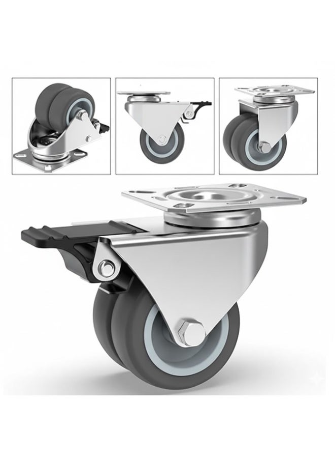 2" Heavy Duty Caster Wheels with 2 Brakes + Screws - up to 880Lbs - Set of 4 No Floor Marks Silent Castor for Furniture - Rubbered Trolley or Pallet Swivel Wheels - Silver Casters - Image 2